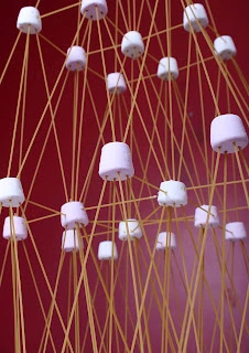 Building a marshmallow tower with uncooked spaghetti noodles